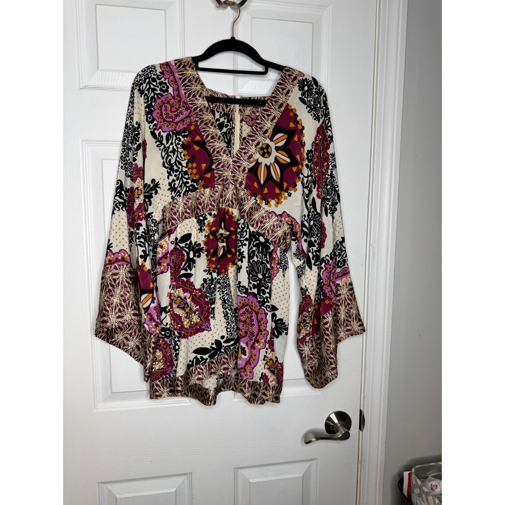 Barbara Bui Initials 100% Silk Boho Floral Paisley Blouse Bell Sleeve Size XS/36